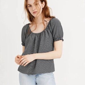 Madewell Texture & Thread Blue & White Striped Peasant-Style Scoop Neck Blouse